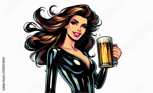 Confident woman with long flowing hair in a shiny black outfit smiling while holding a large beer mug in comic-style artwork. Generative ai vector colorful pop art illustration.