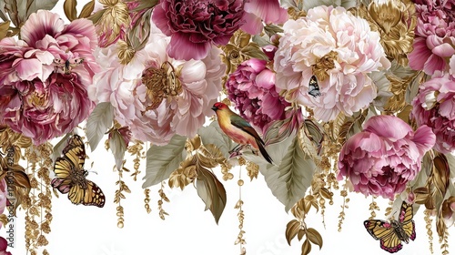 Fototapeta Naklejka Na Ścianę i Meble -  Luxurious decoration. Garland of luxurious blooming peonies, butterflies and birds.
