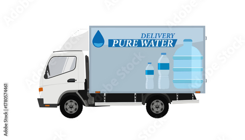 Vector illustration of a white delivery truck with a water bottle advertisement on the side