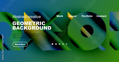 Abstract geometric background design. Website header features text, navigation, button. Vibrant green, blue gradients dominate composition.