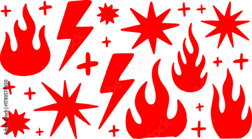 Red Flames, Lightning Bolts, and Stars Pattern on White Background
