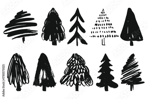 Brush stroke Christmas trees. Permanent Marker Drawn Christmas Trees Silhouettes Set. Doodle ink painted fir trees for New Year and Christmas cards, posters, cover, wrapping paper 