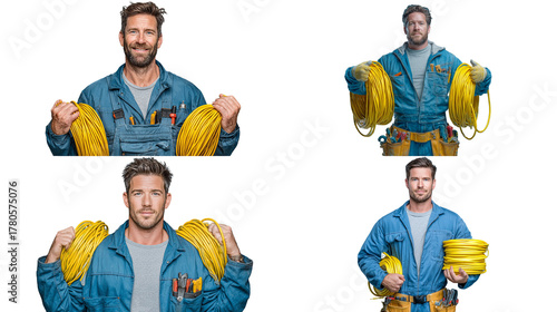 Experienced electricians smiling, ready to tackle any electrical project or repair isolated on transparent background