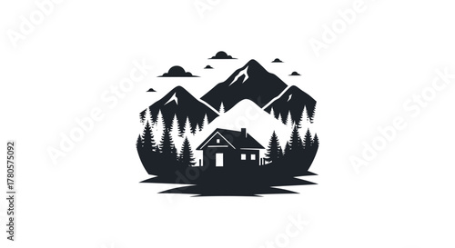 A cozy cabin nestled amongst pine trees with dramatic mountain peaks in the background silhouette