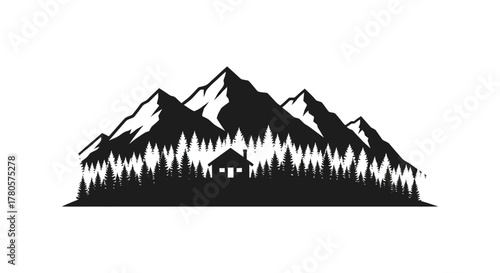 Majestic mountain range with dense evergreen forest and a small cabin silhouette