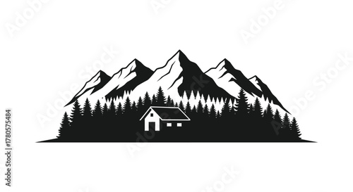 A solitary cabin nestled amongst towering mountain peaks and dense pine forest silhouette