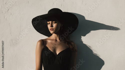 Woman in black hat by wall