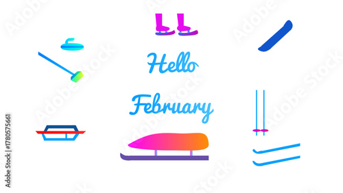 Winter sports equipment set. Hello February, vector illustration
