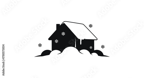Cozy winter cabin silhouette covered in snow with falling snowflakes