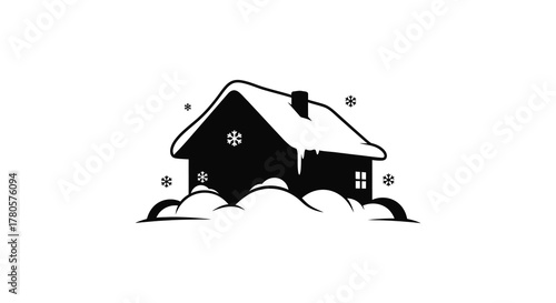 Cozy winter cabin covered in snow with icicles hanging from the roof and a chimney silhouette