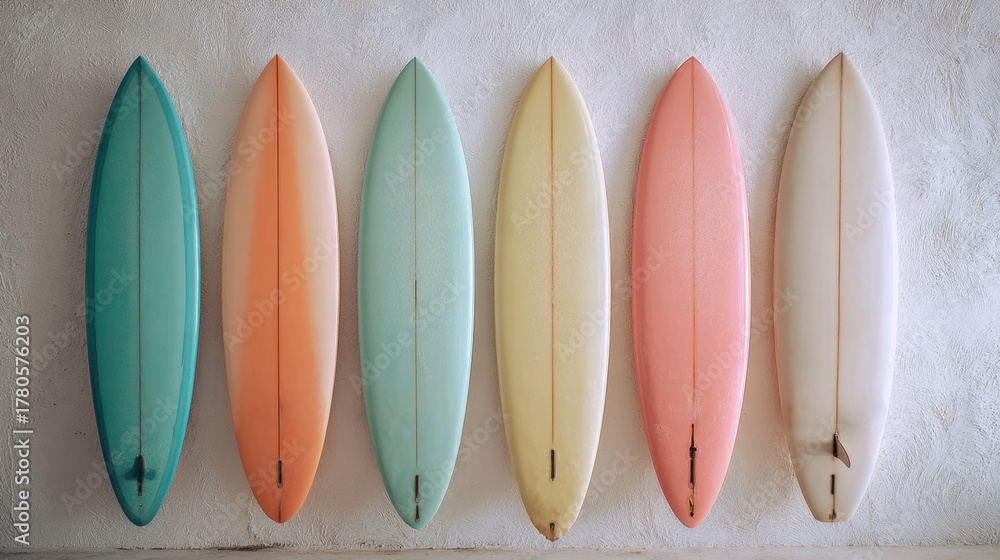 Fototapeta premium Colorful surfboards lined on a wall