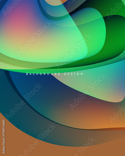 Abstract flowing shapes, vibrant colors blend smoothly. Modern design creates dynamic visual experience. Background features gradients, curves.