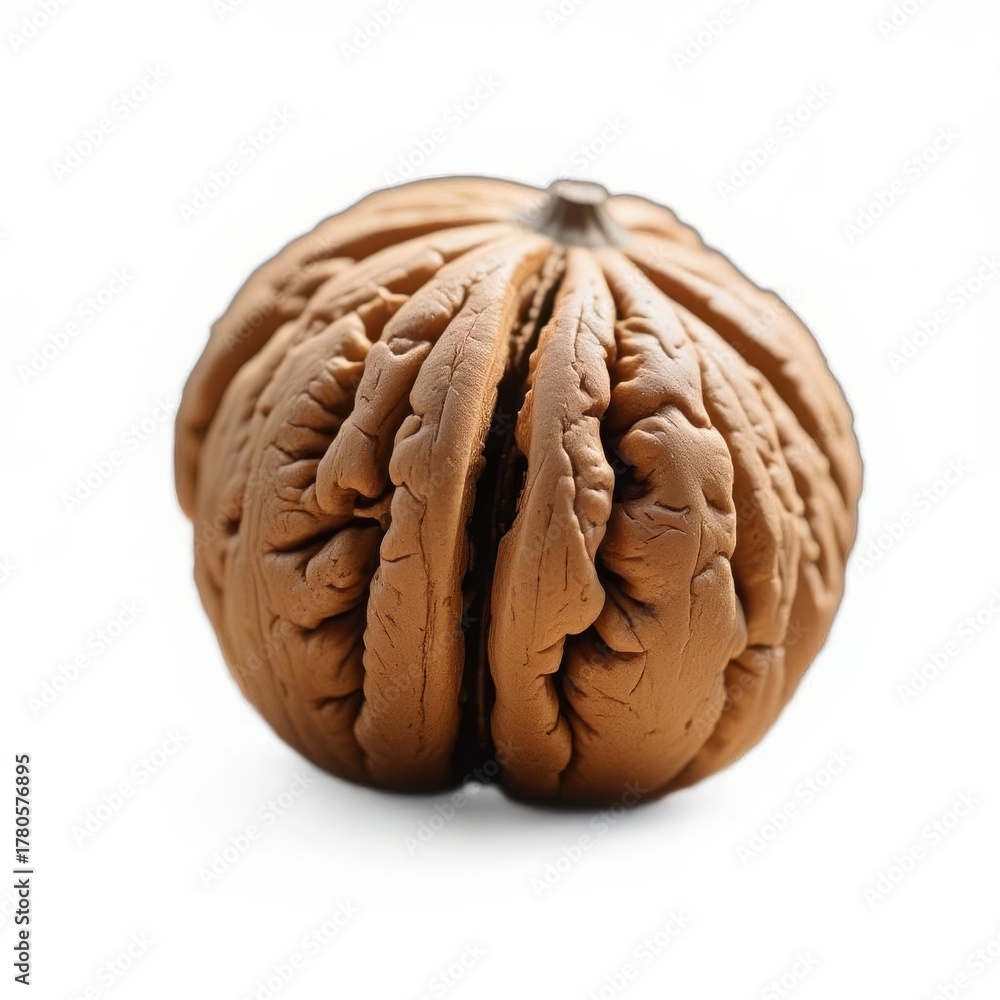 Obraz premium A whole walnut with a textured shell on a white background. Healthy food, snacks and natural ingredients