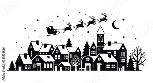 Charming winter village scene with santa claus flying his sleigh silhouette