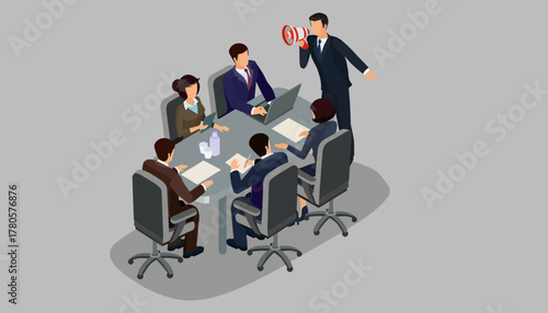Flat illustration of a businessman presenting to colleagues around a meeting table on a gray background