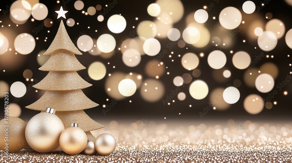 Fototapeta premium Gold glitter Christmas tree and baubles with warm bokeh lights on dark background, left-side festive border with copy space for New Year greeting or sale banner