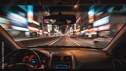 Driving Through a Vibrant City at Night with Motion Blur.