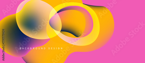 Abstract shapes overlap, creating vibrant gradients. Pink background complements orange, blue hues. Modern design element.