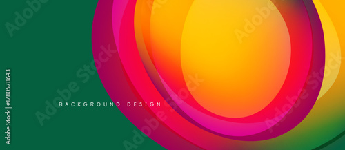 Abstract colorful layers create dynamic circular design. Green background complements vibrant hues, modern aesthetic.