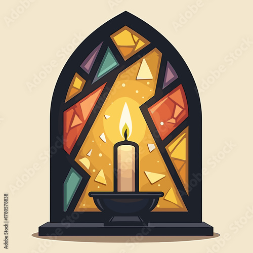 Stained glass candle glows warmly with various colors in its decorative panes, stained glass candle flickering as symbol of hope and memory.