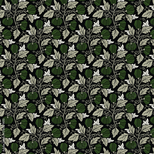 Seamless pattern featuring stylized dark green pumpkins/gourds with whimsical vines and grey leaves. A sophisticated, organic design on a black background, perfect for autumn/harvest themes.