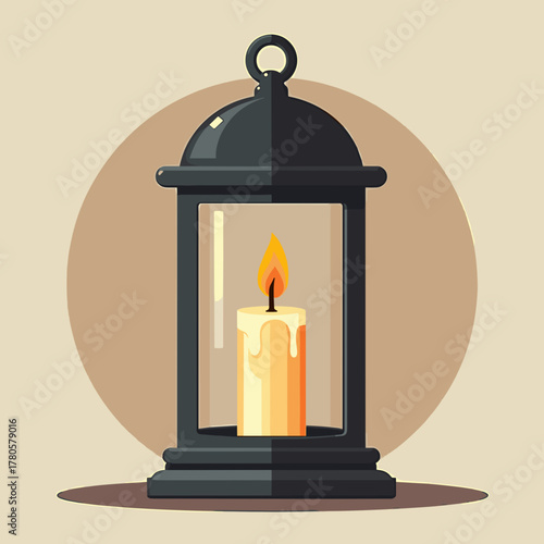 Antique lantern with candle in a flat illustration style evokes memories, antique lantern casting soft light from burning wax, creating cozy scene.