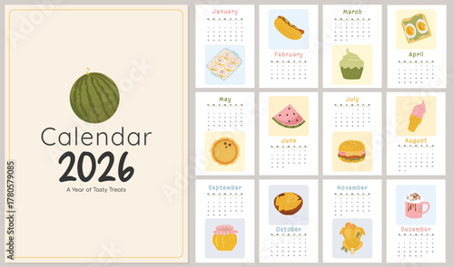 Flat vector food calendar template for 2026. Vertical printable wall design A3 monthly pages, modern home decor illustration.