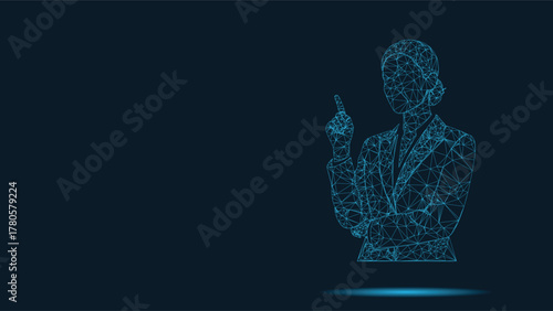 Abstract Polygonal Businesswoman Pointing Upward in Blue: Modern Tech Leadership and Innovation Concept for Digital Designs, Presentations, and Marketing Materials