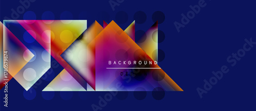 Abstract geometric shapes, vibrant colors, dark blue backdrop. Modern design elements create dynamic visual impact.