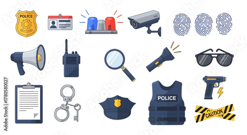 Flat lay of various police icons and equipment on a white background.