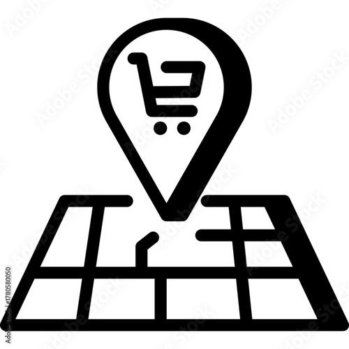 Map with shopping cart pin symbol for store locator or online delivery, vector icon