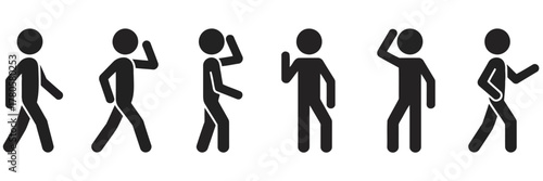 Black and White Stick Figures Walking, Waving and Gesturing on White Background