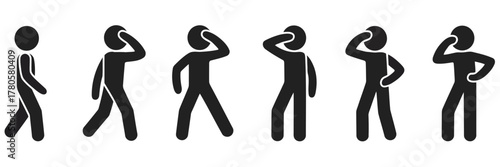 Black Silhouette Stick Figures in Various Poses Touching Head, Standing and Walking