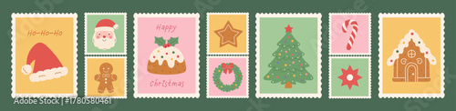 Christmas vintage postage stamp set: hand-drawn Santa, tree, hat, pudding, wreath, candy, gingerbread house. Soft pink, green, and yellow hues with scalloped edges create a cozy festive vector look.