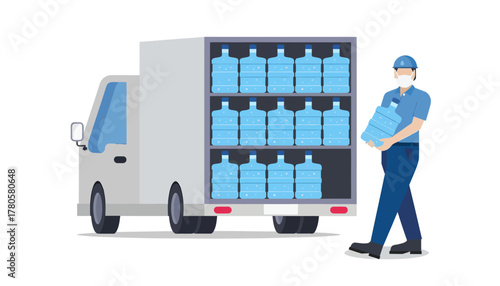 Delivery man in uniform loading boxes into a delivery truck on a white background