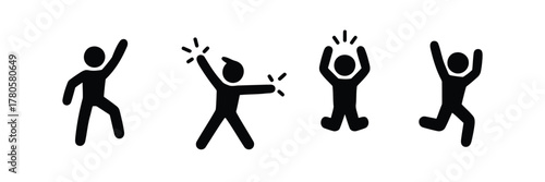 Cheerful Stick Figures Celebrating Success and Joyful Moments in Black Silhouette Style