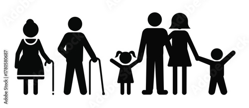 Family Icon Silhouette Depicting MultiGenerational Household Including Grandparents, Parents, and Children on White