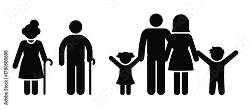 Extended Family Illustration Grandparents, Parents and Children Black Silhouette on White Background