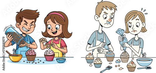 Happy children baking cupcakes together, kids decorating muffins with icing and sprinkles, fun cooking activity, dessert preparation illustration for learning