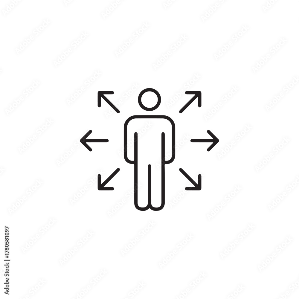Fototapeta premium Minimalist Outreach & Expansion Icon – Person with Multi-Directional Arrows for Influence, Connectivity, and Network Growth