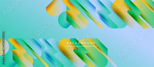 Abstract fluid shapes overlap, creating vibrant gradient effect. Turquoise background enhances dynamic composition. Modern design element.