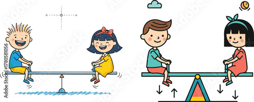 Happy children playing on seesaw at playground, kids having fun outdoors, balance game illustration, joyful childhood activity, friendship and laughter
