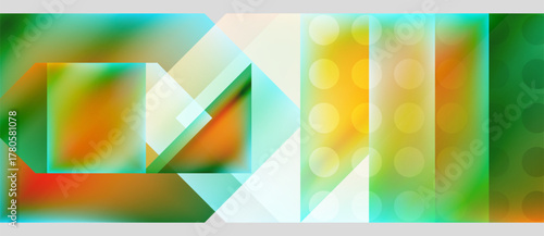 Abstract composition. Geometric shapes overlap, creating vibrant color gradients. Light, transparency define design elements. Modern aesthetic.