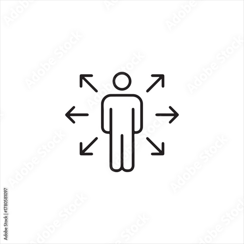 Minimalist Outreach & Expansion Icon – Person with Multi-Directional Arrows for Influence, Connectivity, and Network Growth