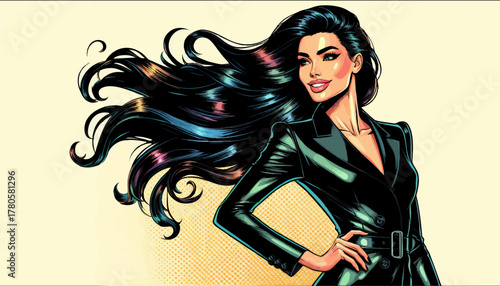 confident woman with long, glossy flowing hair wearing a tight black outfit and smiling boldly. Generative ai vector colorful pop art illustration.