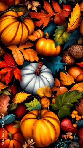 Colorful autumn leaves and pumpkins arrangement.