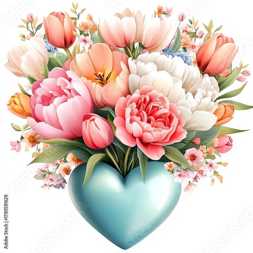 Colorful floral arrangement in heart vase.