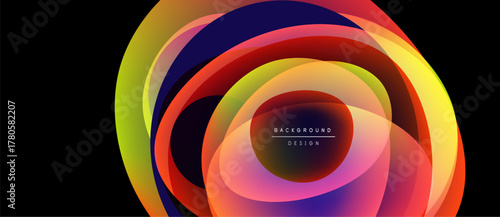 Abstract colorful layers create dynamic circular design. Vibrant hues blend, forming modern background element. Smooth gradients present visual interest.