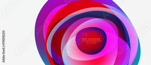 Abstract colorful layers create dynamic circular design. Bright hues blend, forming modern background element. Minimalist text present.