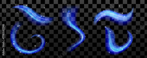 Blue wind swirl with frozen ice effect. Shimmering light wave and sparkle lines create wind motion and dreamy magic swirl effect.